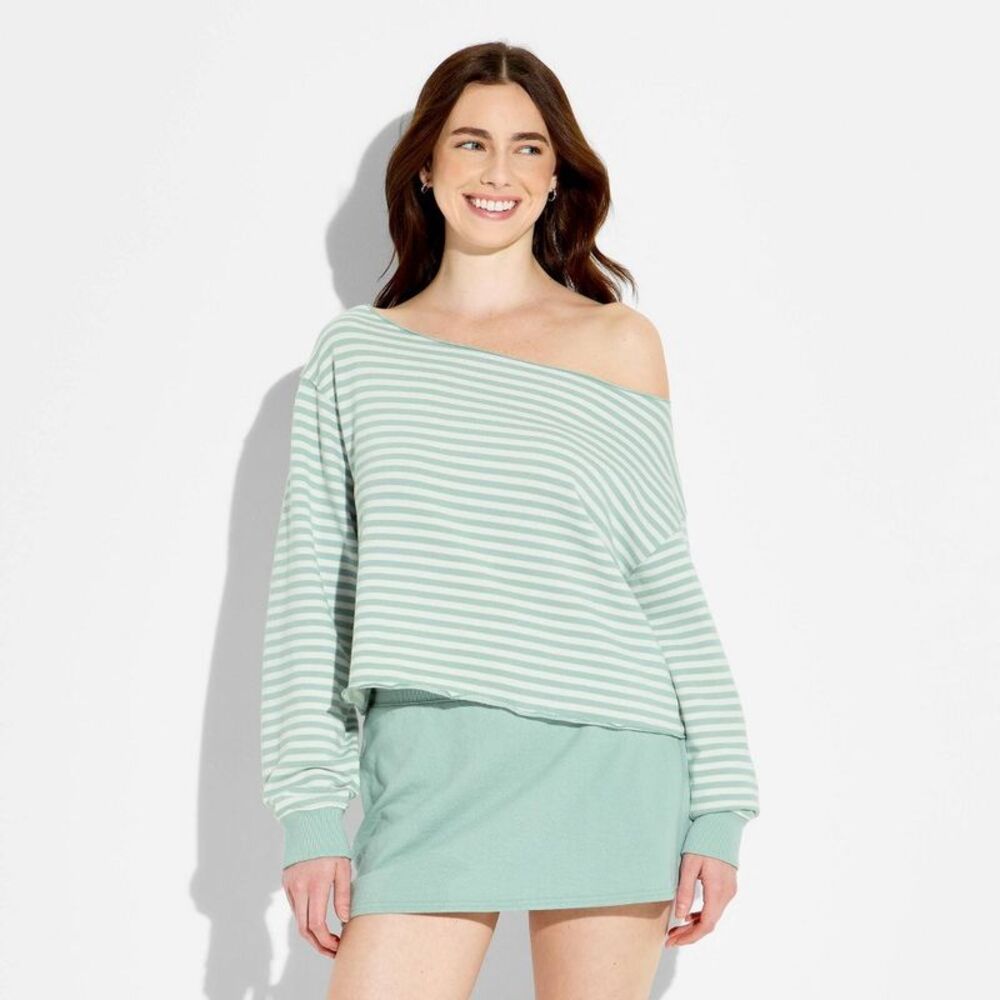Wild Fable - Women's Off the Shoulder Pullover Sweatshirt - Wil Aqua Green - Picture 2 of 3